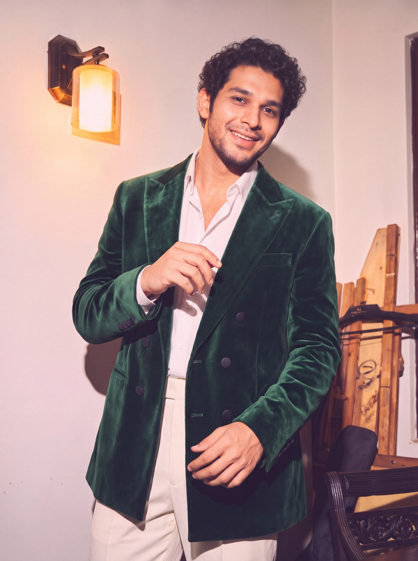 Emerald Green Velvet Double Breasted Blazer for Men