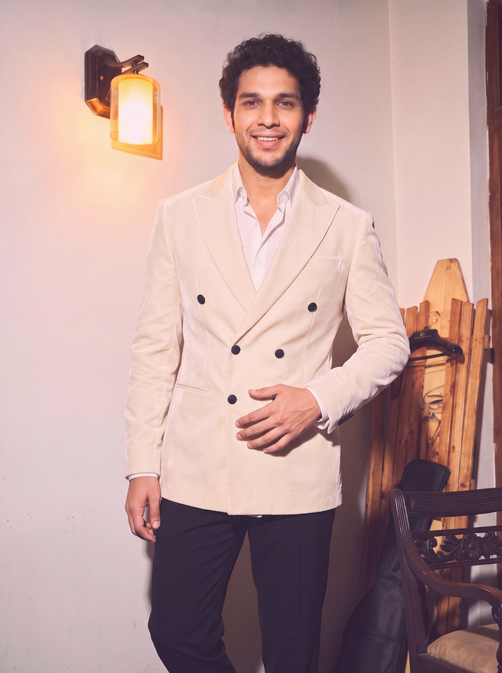 Ivory White Velvet Double Breasted Blazer for Men