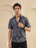 Navy Elegance – Printed Cotton Half Sleeve Shirt