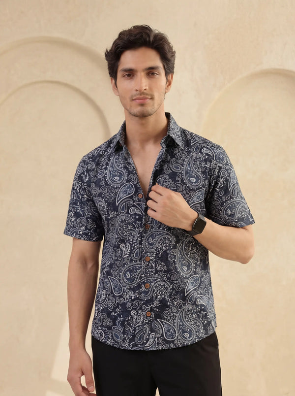 Navy Elegance – Printed Cotton Half Sleeve Shirt