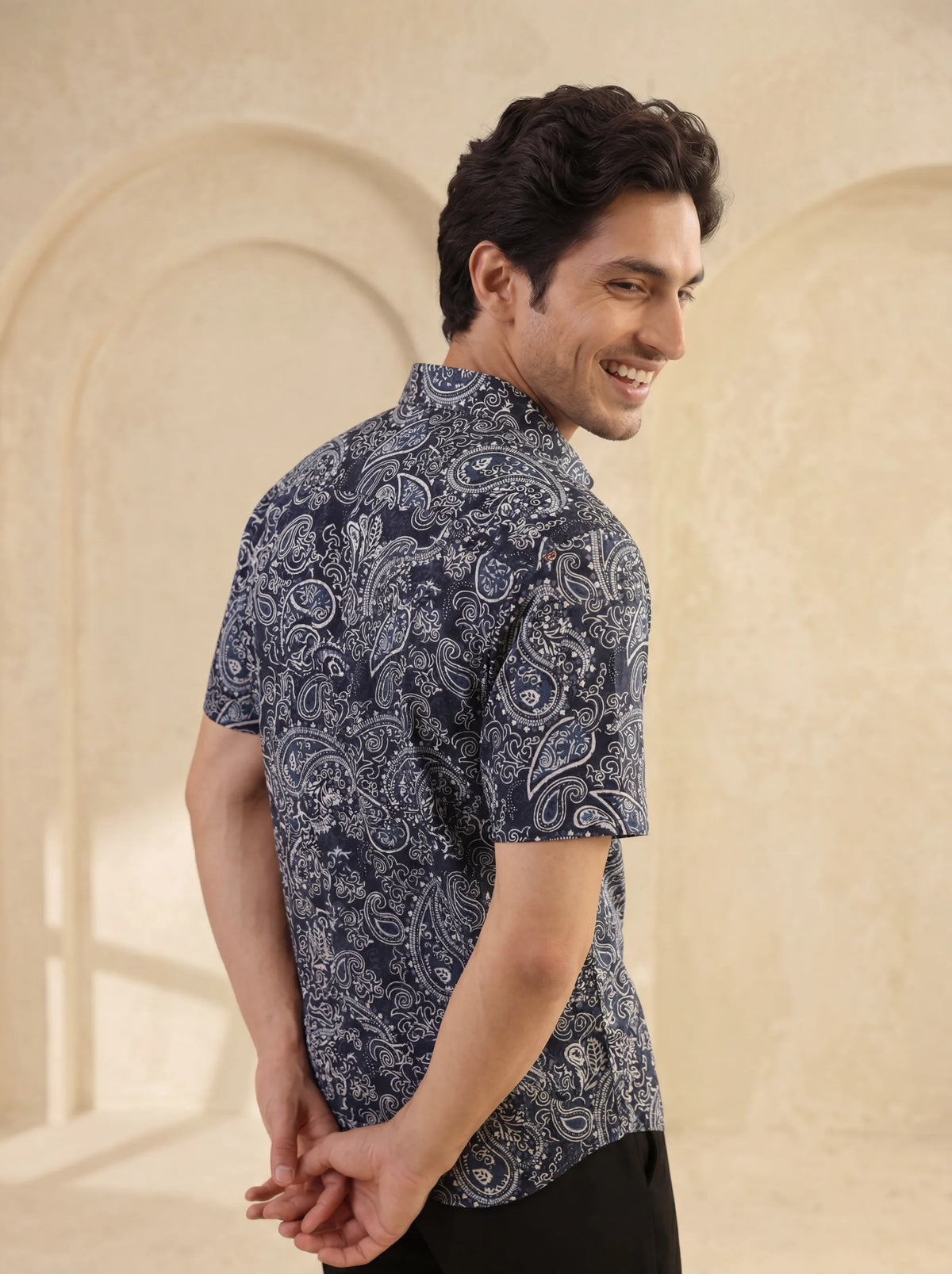 Navy Elegance – Printed Cotton Half Sleeve Shirt