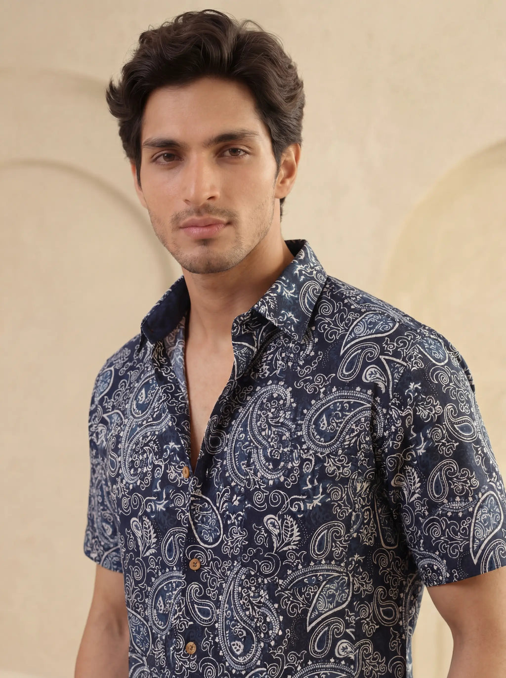 Navy Elegance – Printed Cotton Half Sleeve Shirt