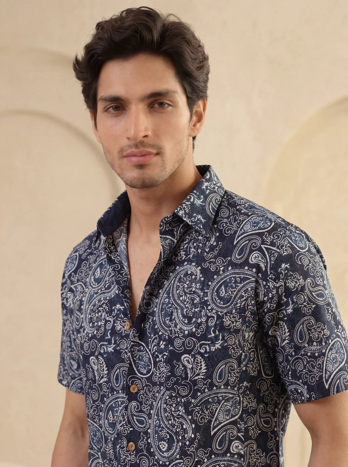 Navy Elegance – Printed Cotton Half Sleeve Shirt