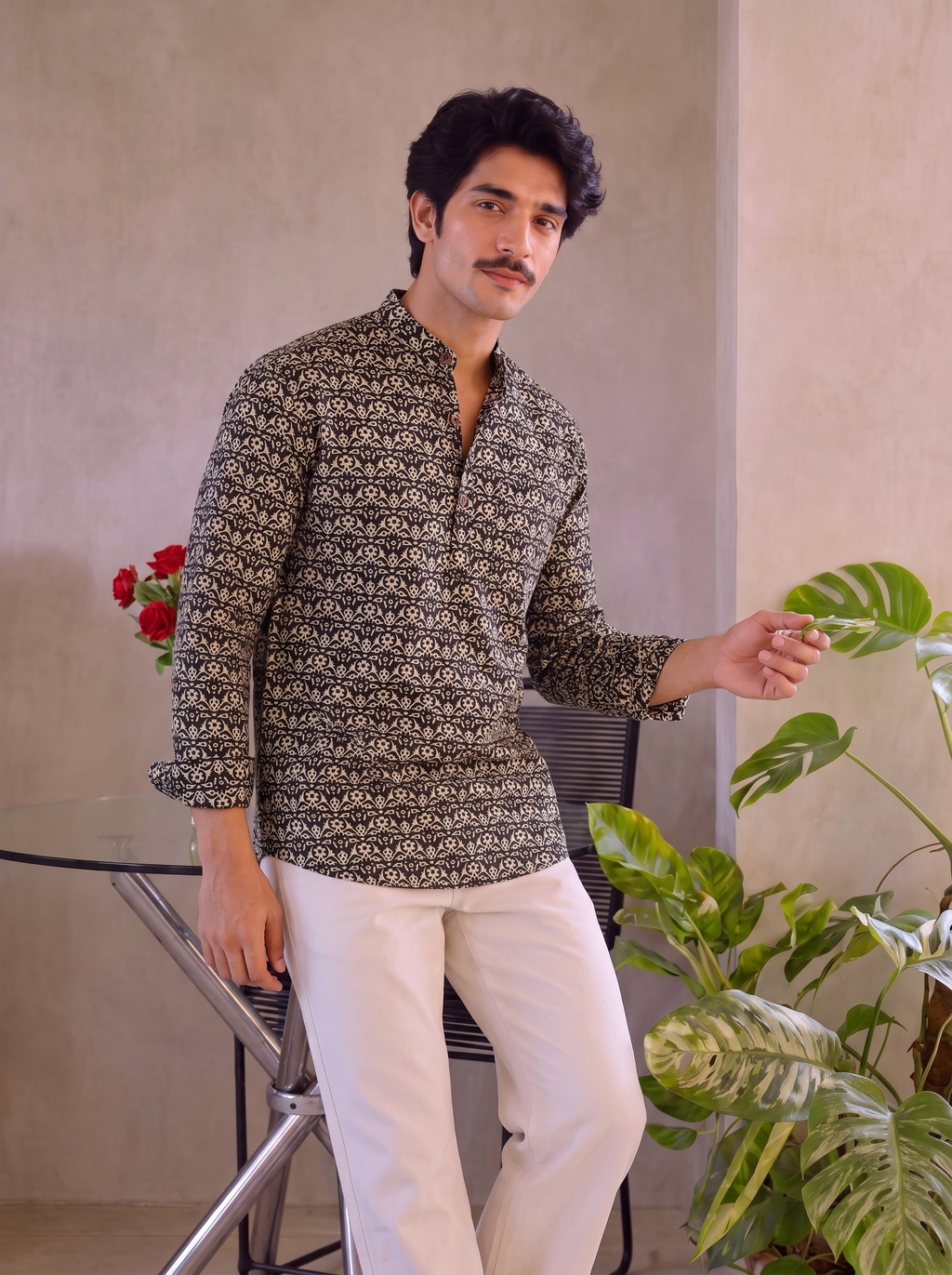 Rajasthani Charm – Men's Printed Cotton Short Kurta