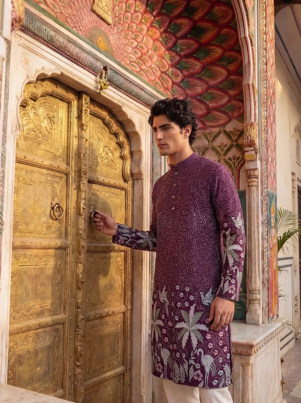 Men’s Heavy Designer Long Kurta – Purple Embroidered