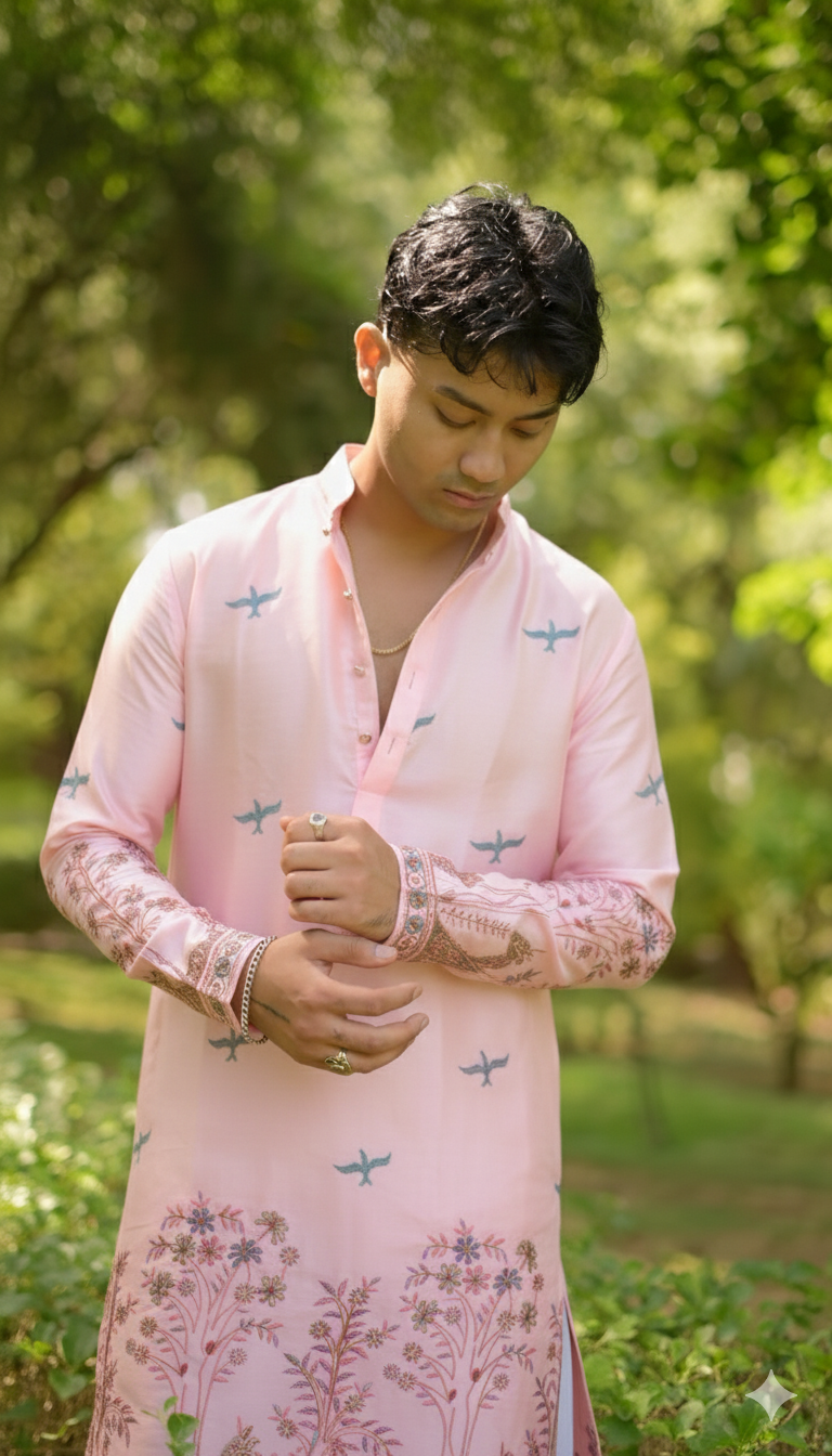 Men’s Heavy Designer Long Kurta – Pink Satin Embroidered