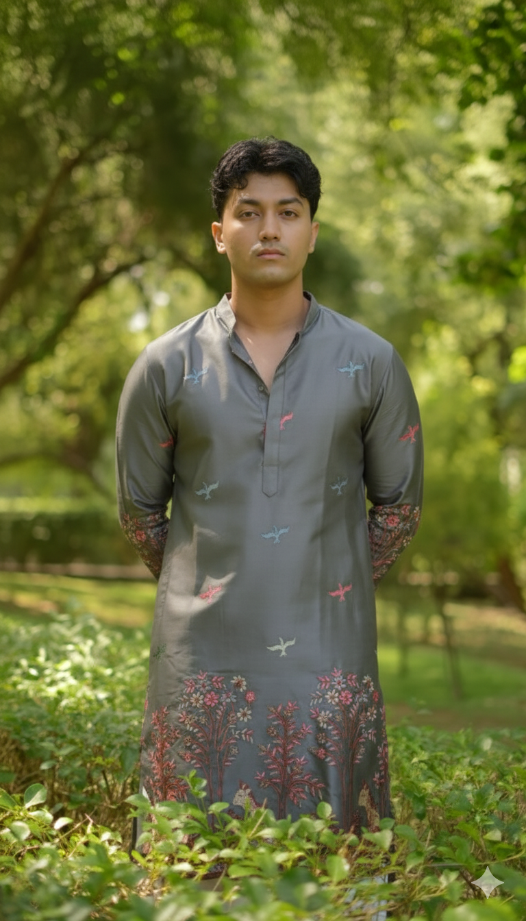 Men’s Heavy Designer Long Kurta – Grey Satin Embroidered