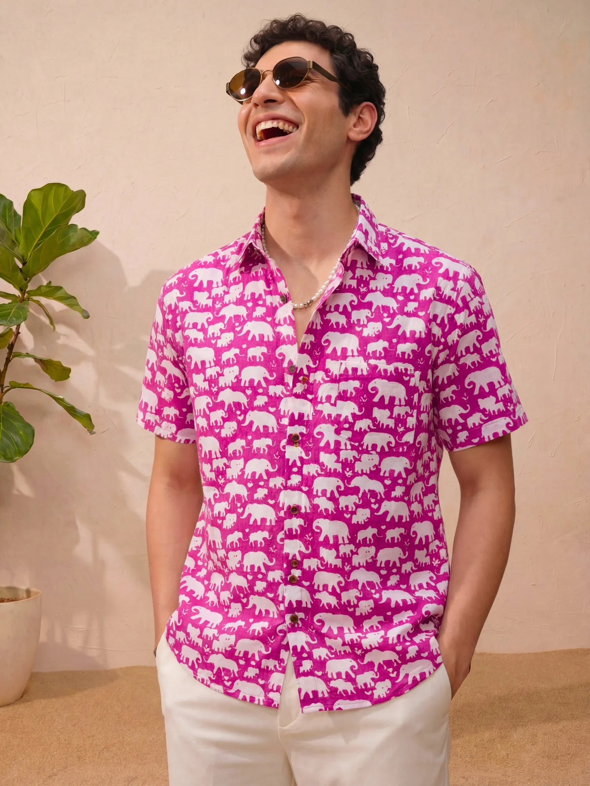 Playful Elephants – Cotton Half Sleeve Shirt in Pink