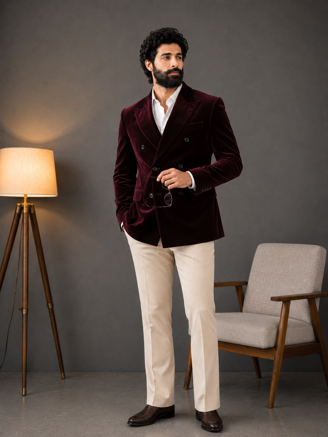 Double Breasted Suit - Maroon Velvet