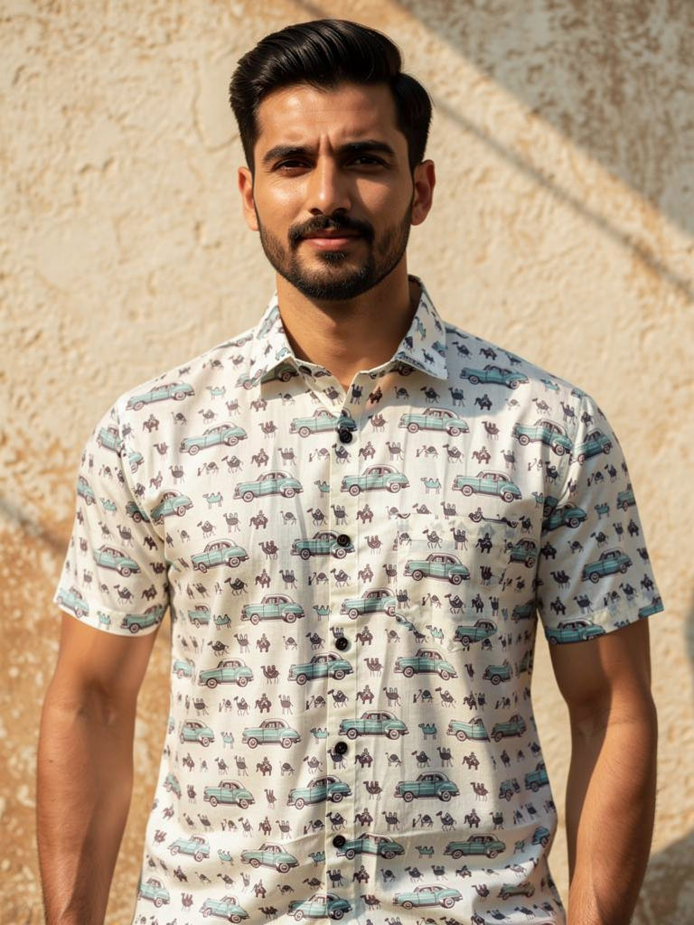 Vintage Vibes – Printed Cotton Half Sleeve in Cream & Green