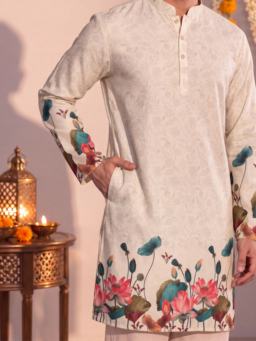 Cream Floral Jaal – Daman Work Printed Long Kurta