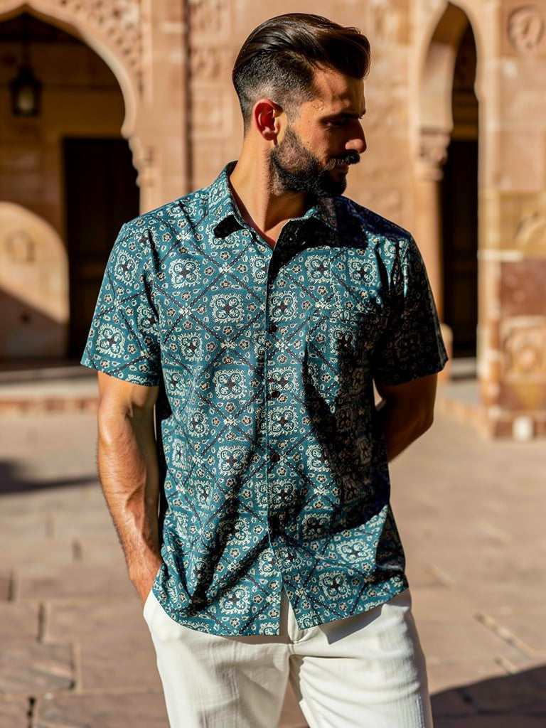 Indigo Mosaic – Heritage Printed Cotton Half Sleeve Shirt