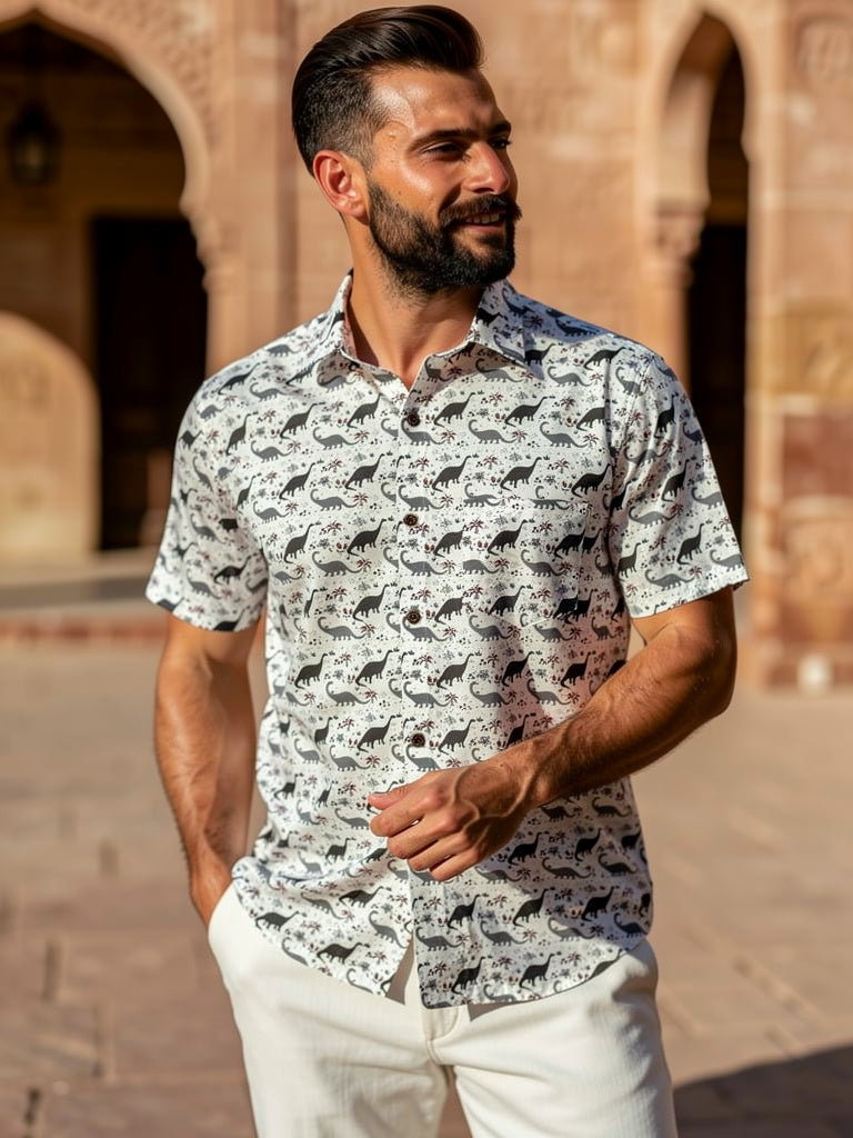 Dino Adventure – Printed Cotton Half Sleeve in Cream & Black