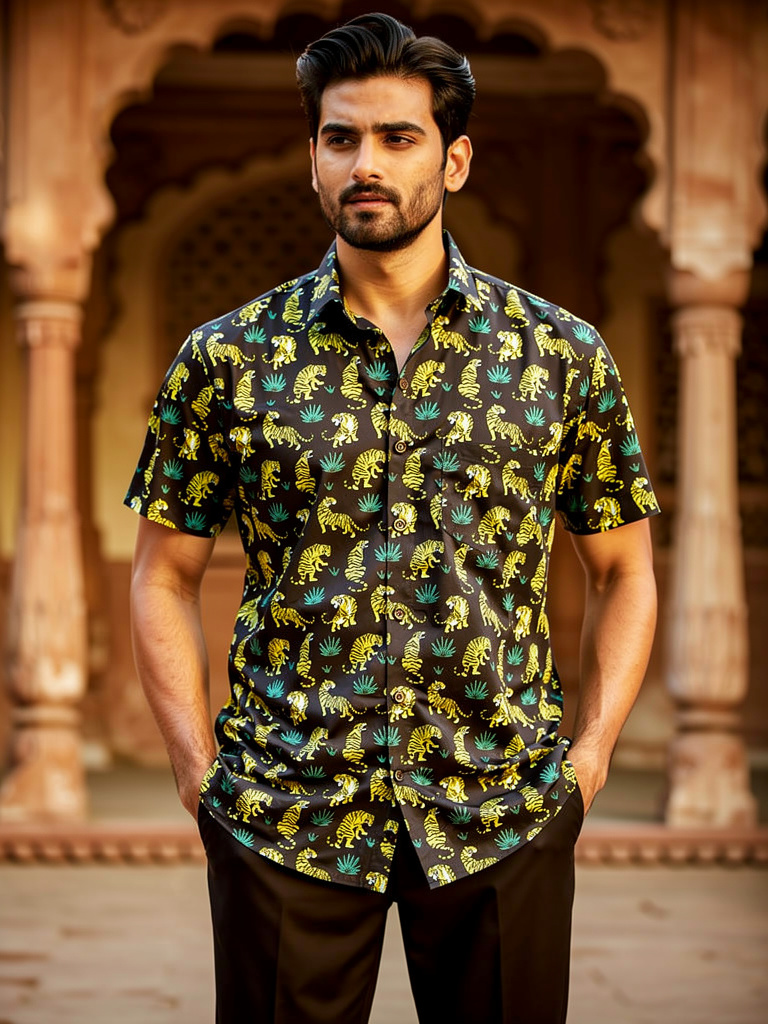 Tiger Tales – Printed Cotton Half Sleeve in Black & Yellow
