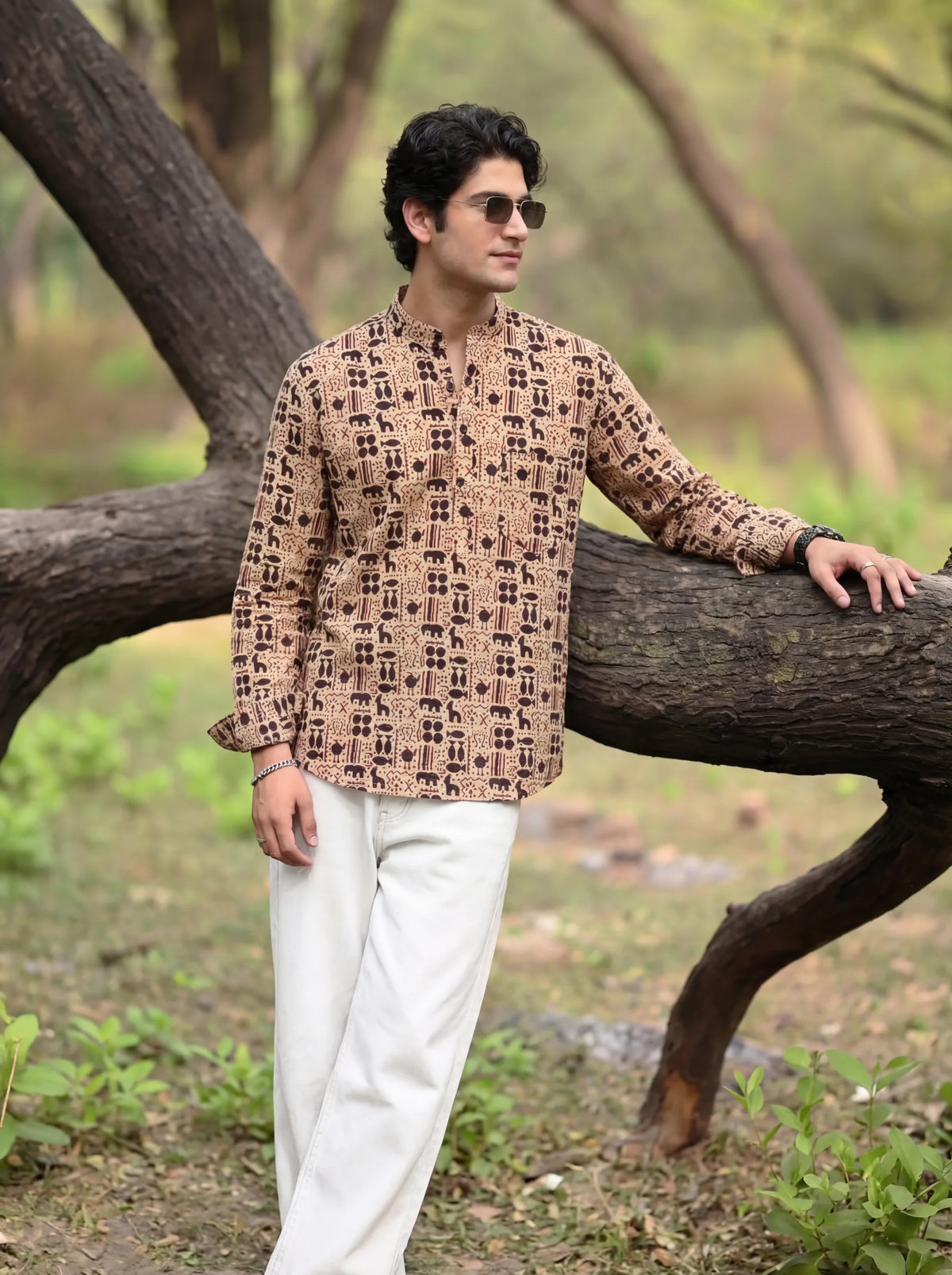 Wild Wonders – Printed Cotton Short Kurta in Beige & Black