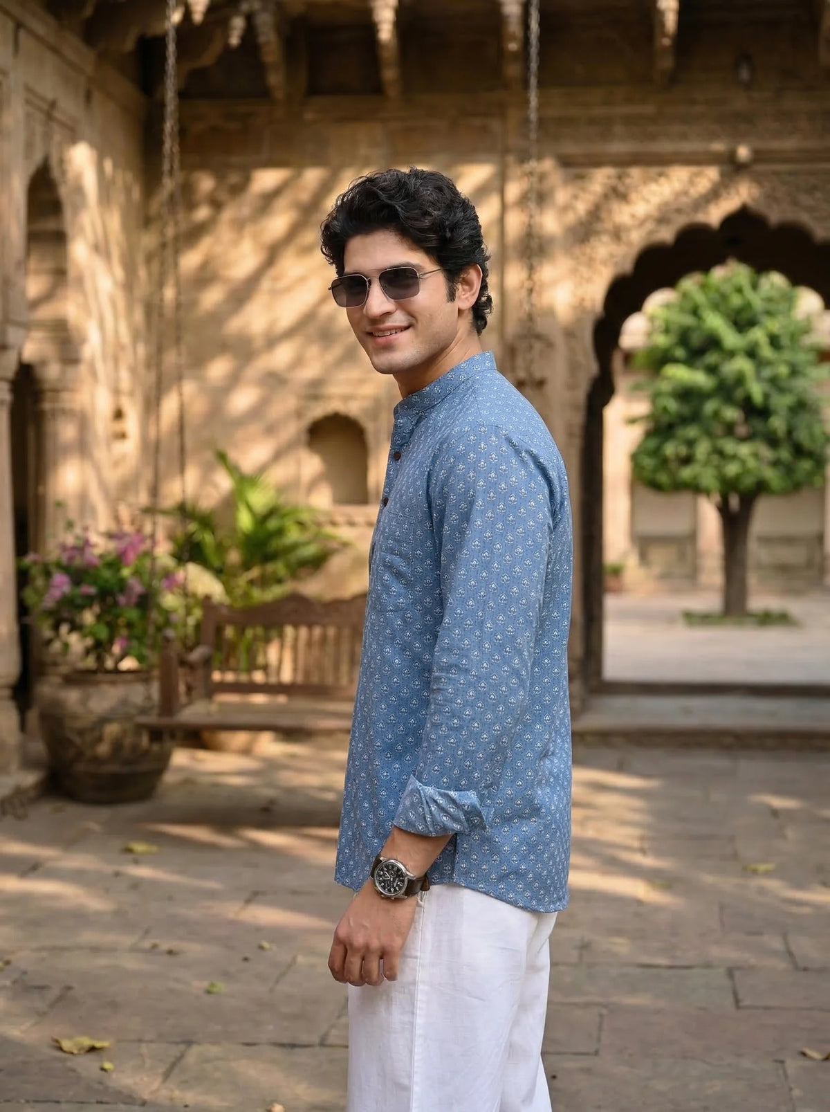 Royal Blue Charm – Printed Cotton Short Kurta