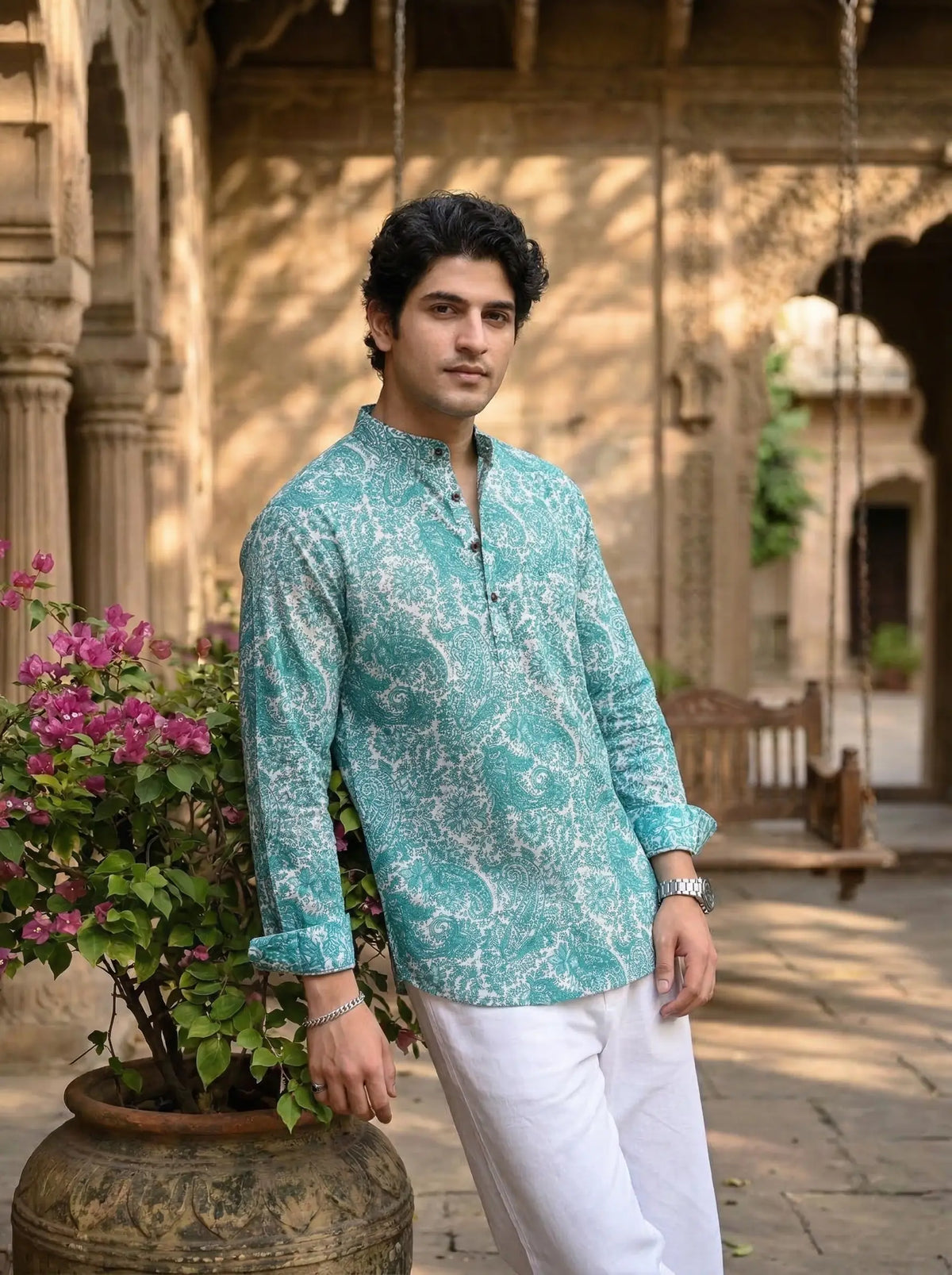 Turquoise Elegance – Printed Cotton Short Kurta