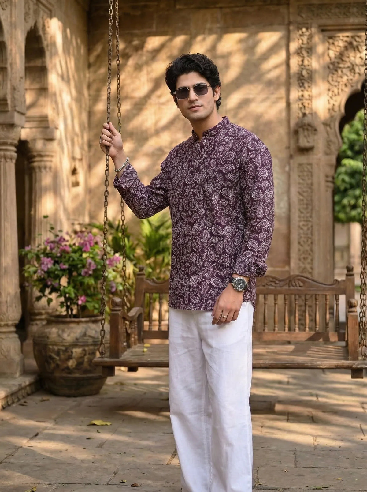 Paisley Charm – Printed Cotton Short Kurta in Purple