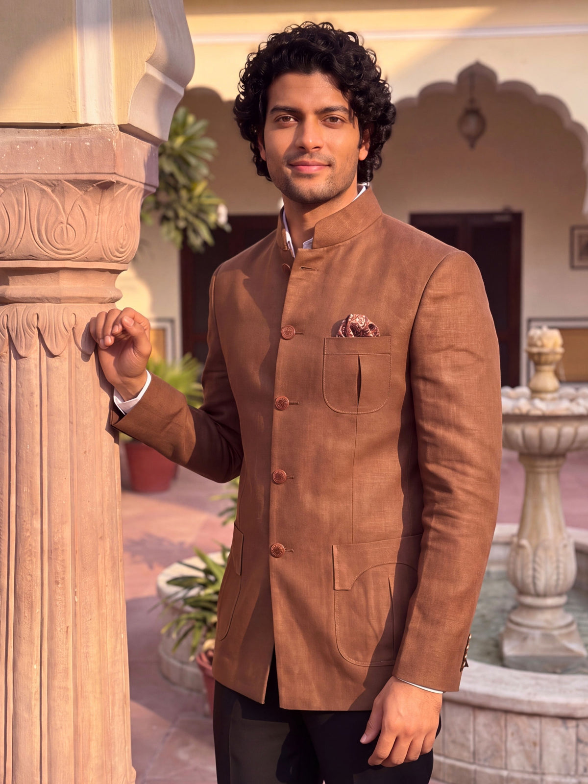 Linen Jodhpuri Bandhgala - Rich brown
