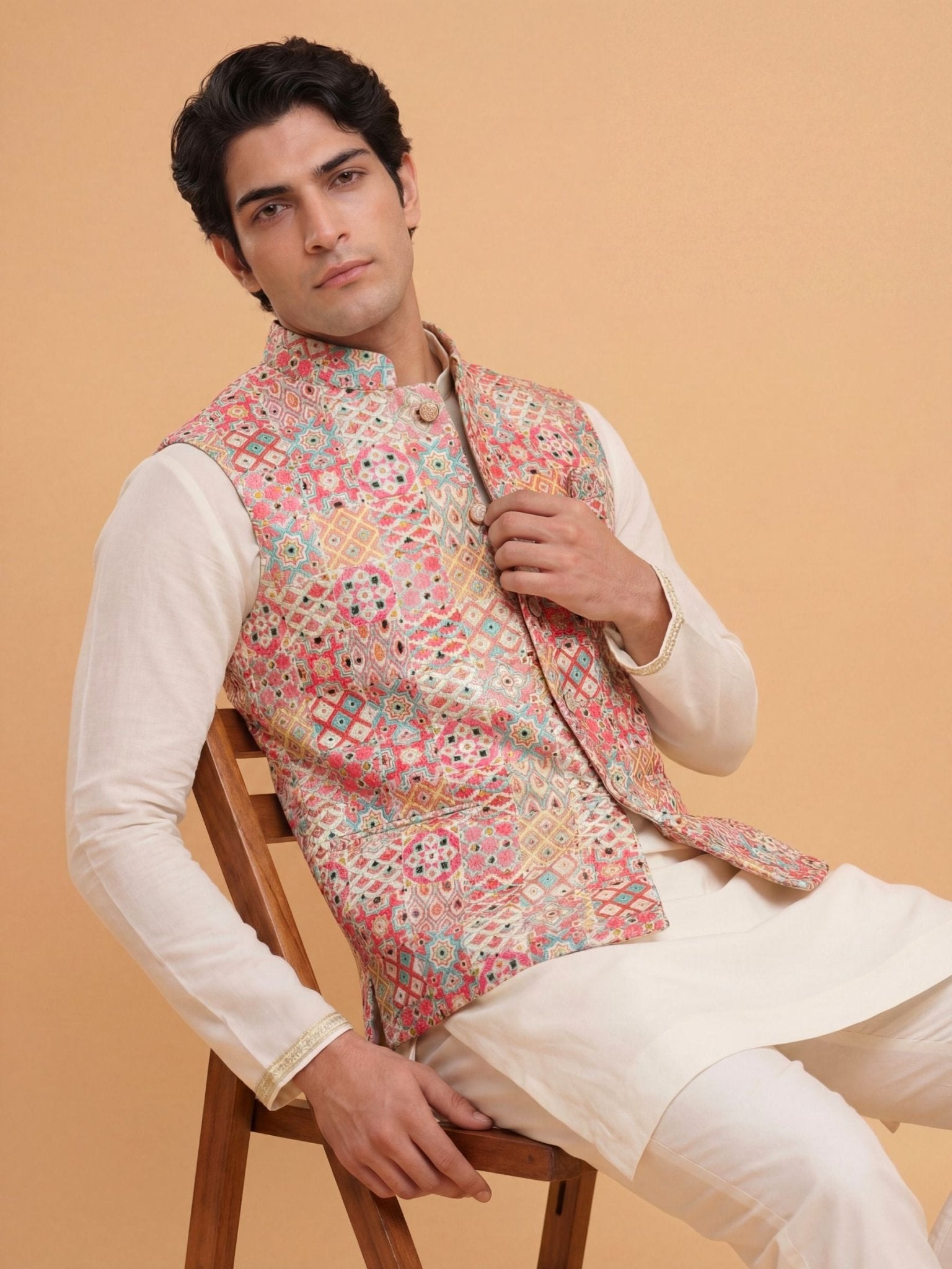 "आभा" (Aabha) Heritage Mosaic Jacquard Modi Jacket - Jaipuri Crown