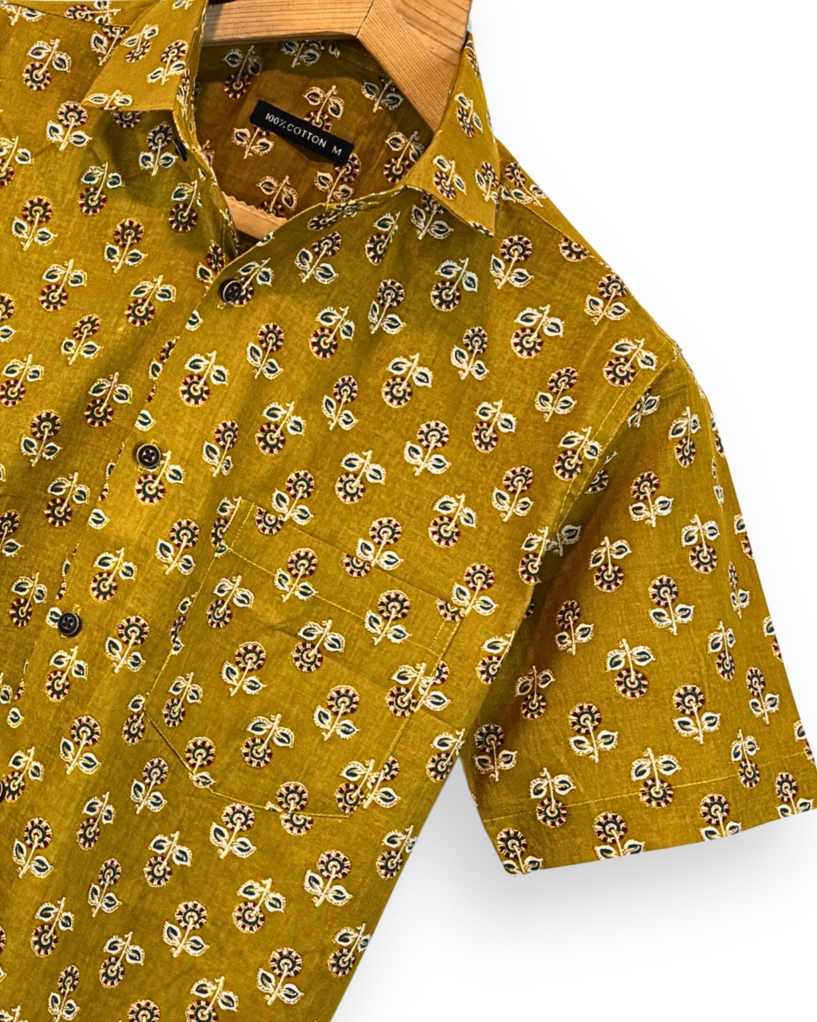 Aabroo Mustard Floral – Half Sleeve Cotton Shirt - Jaipuri Crown
