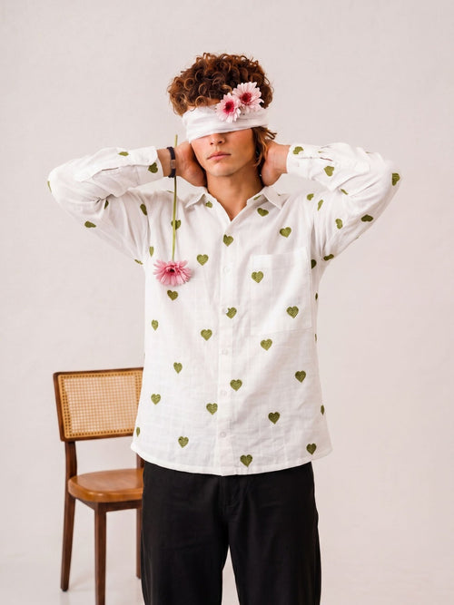 "Aarzoo" — White Heart Embroidered Cotton Shirt | Jaipuri Crown - Jaipuri Crown