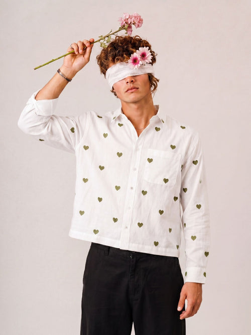 "Aarzoo" — White Heart Embroidered Cotton Shirt | Jaipuri Crown - Jaipuri Crown