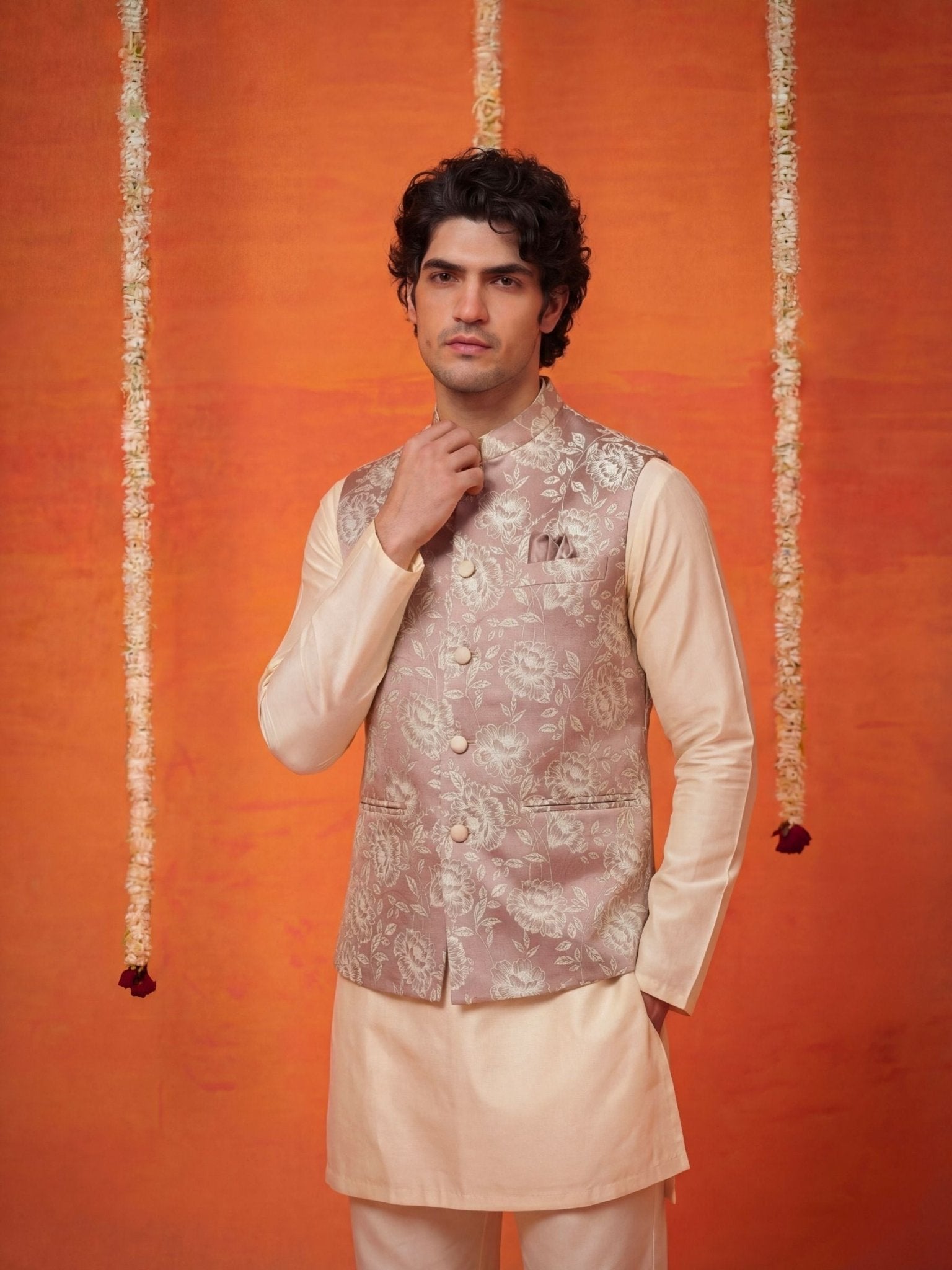 "अनुराग" (Anurag) Rose Taupe Floral Brocade Jacquard Modi Jacket - Jaipuri Crown