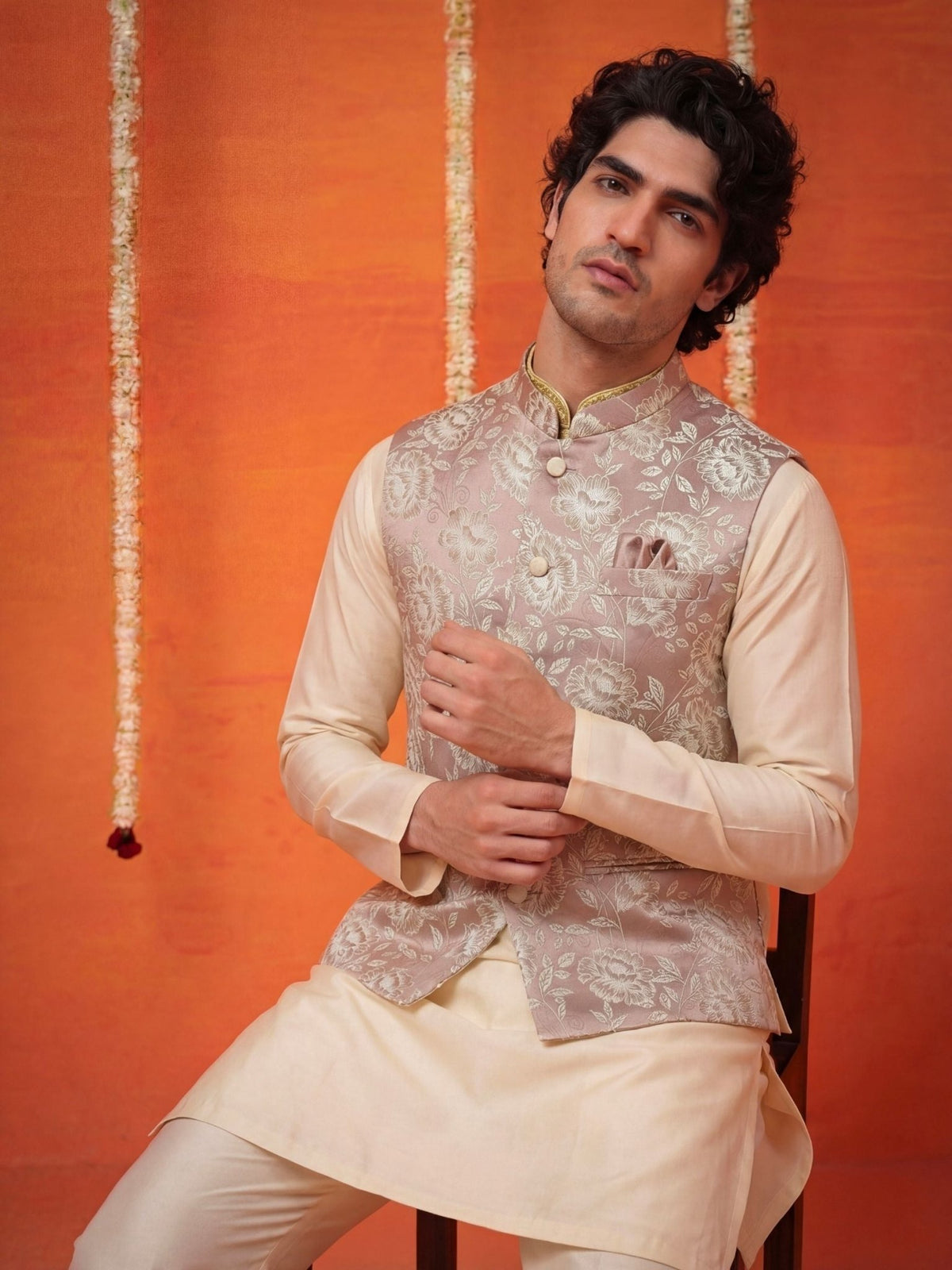 "अनुराग" (Anurag) Rose Taupe Floral Brocade Jacquard Modi Jacket - Jaipuri Crown