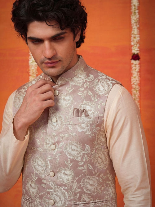 "अनुराग" (Anurag) Rose Taupe Floral Brocade Jacquard Modi Jacket - Jaipuri Crown
