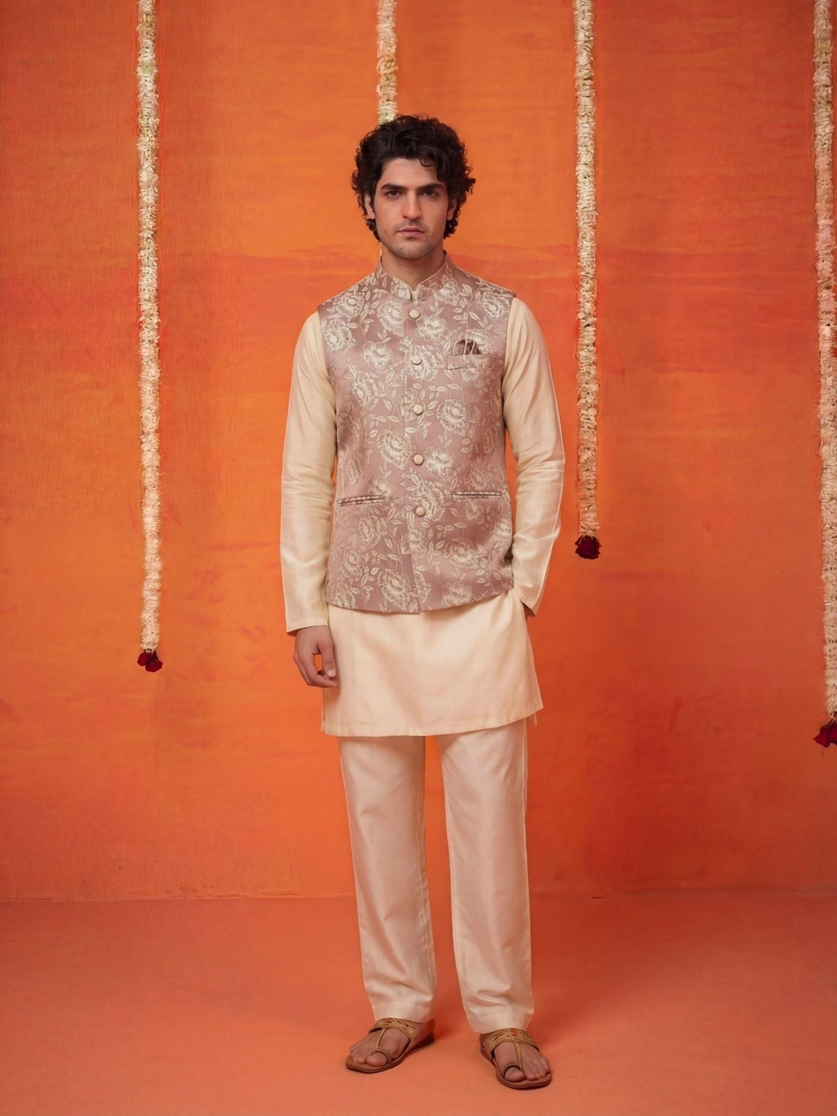 "अनुराग" (Anurag) Rose Taupe Floral Brocade Jacquard Modi Jacket - Jaipuri Crown
