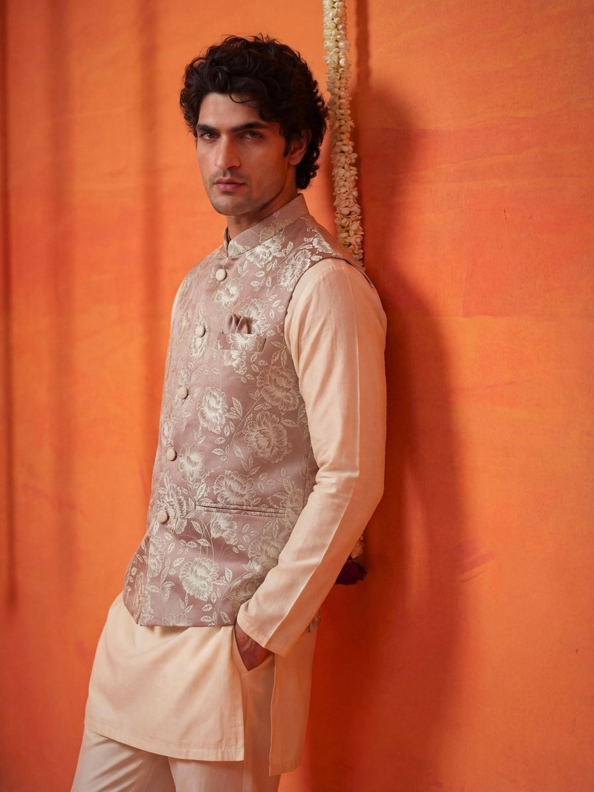 "अनुराग" (Anurag) Rose Taupe Floral Brocade Jacquard Modi Jacket - Jaipuri Crown