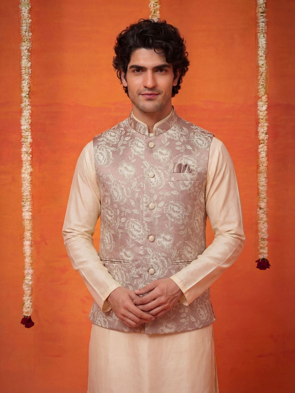 "अनुराग" (Anurag) Rose Taupe Floral Brocade Jacquard Modi Jacket - Jaipuri Crown