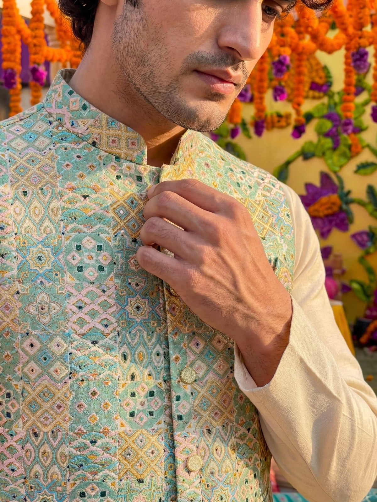 "अतुल्य" (Atulya) Abstract Jacquard Modi Jacket - Jaipuri Crown