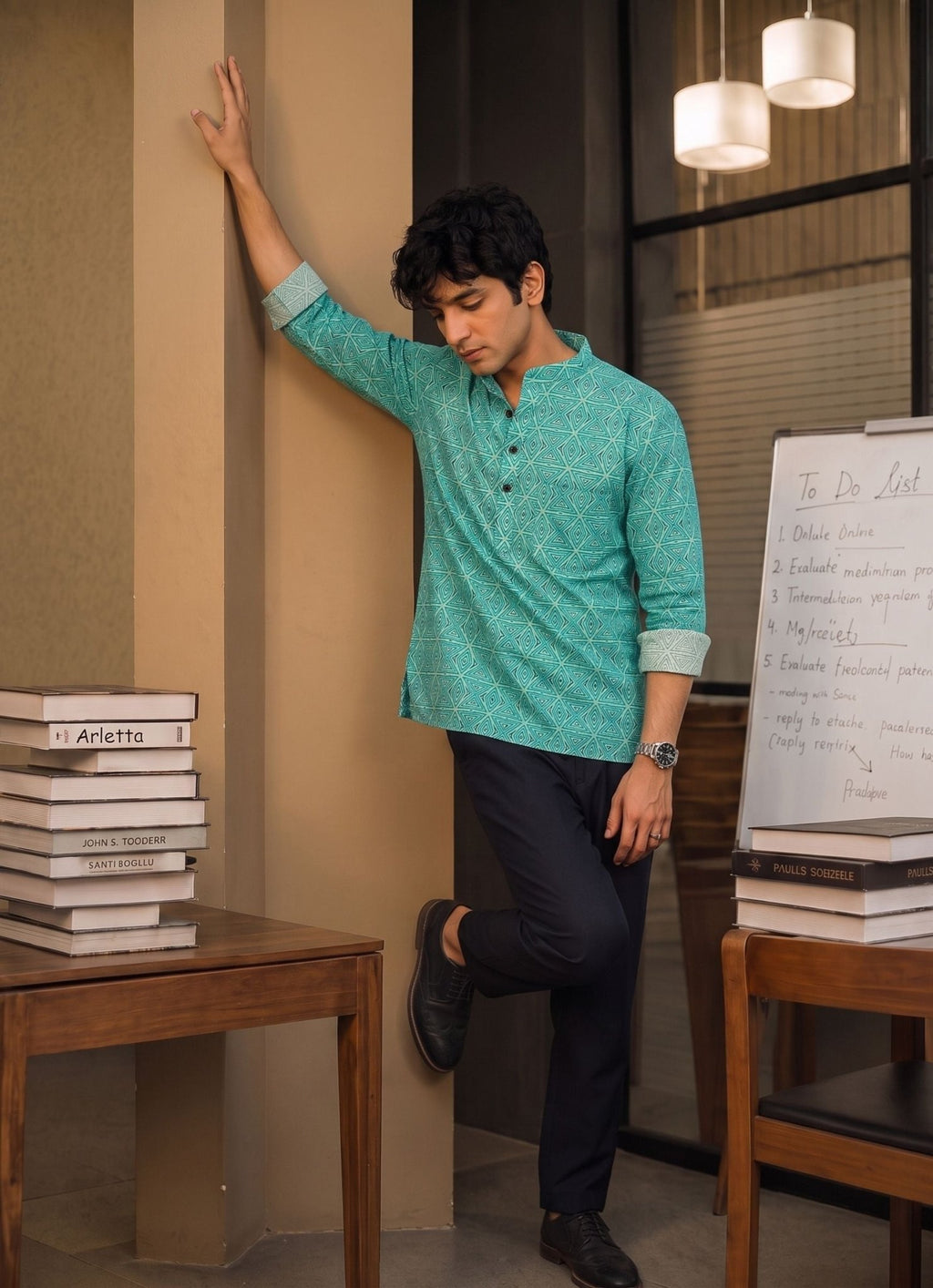 Azure Geometry – Men's Printed Cotton Short Kurta - Jaipuri Crown