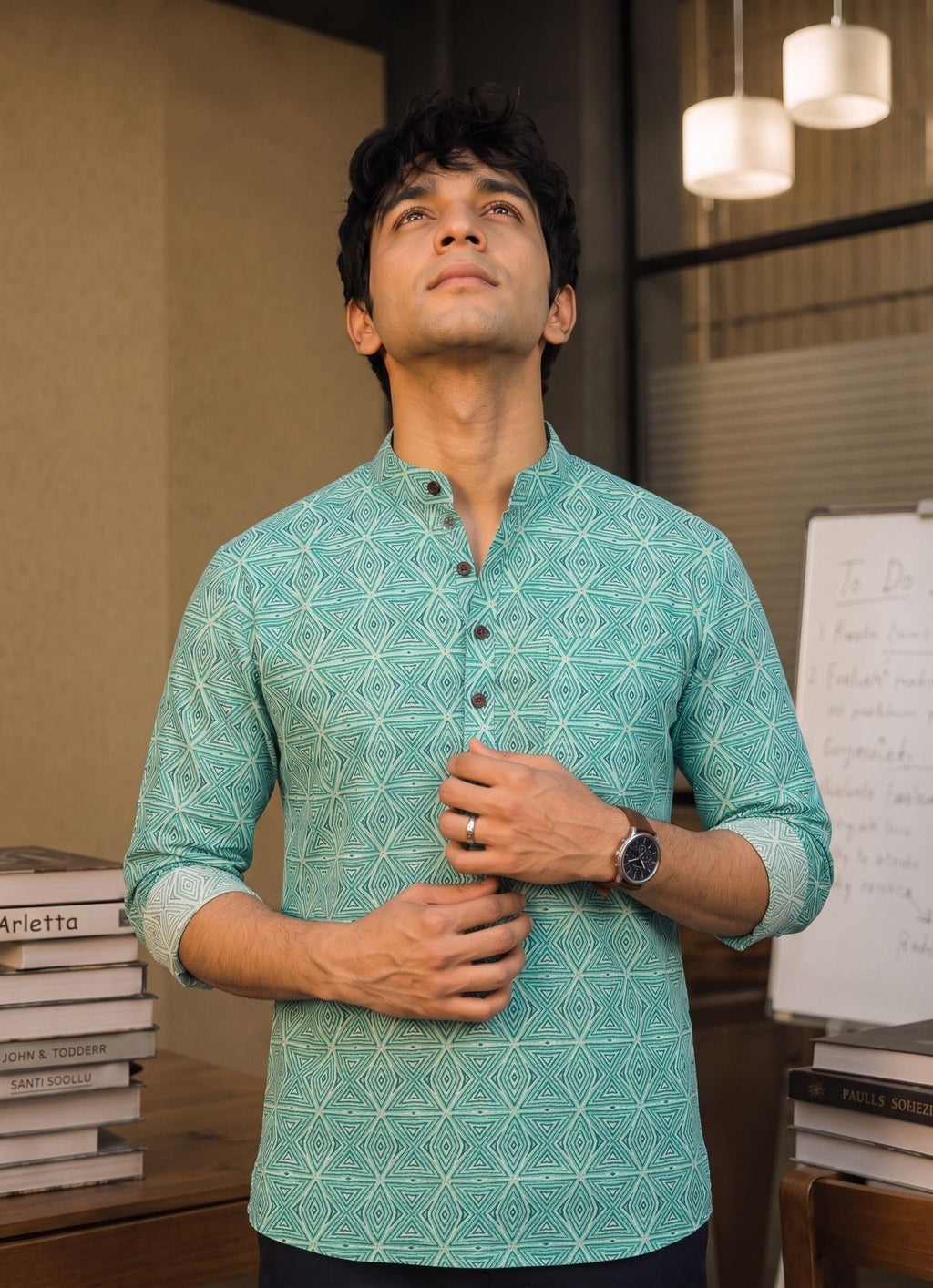 Azure Geometry – Men's Printed Cotton Short Kurta - Jaipuri Crown