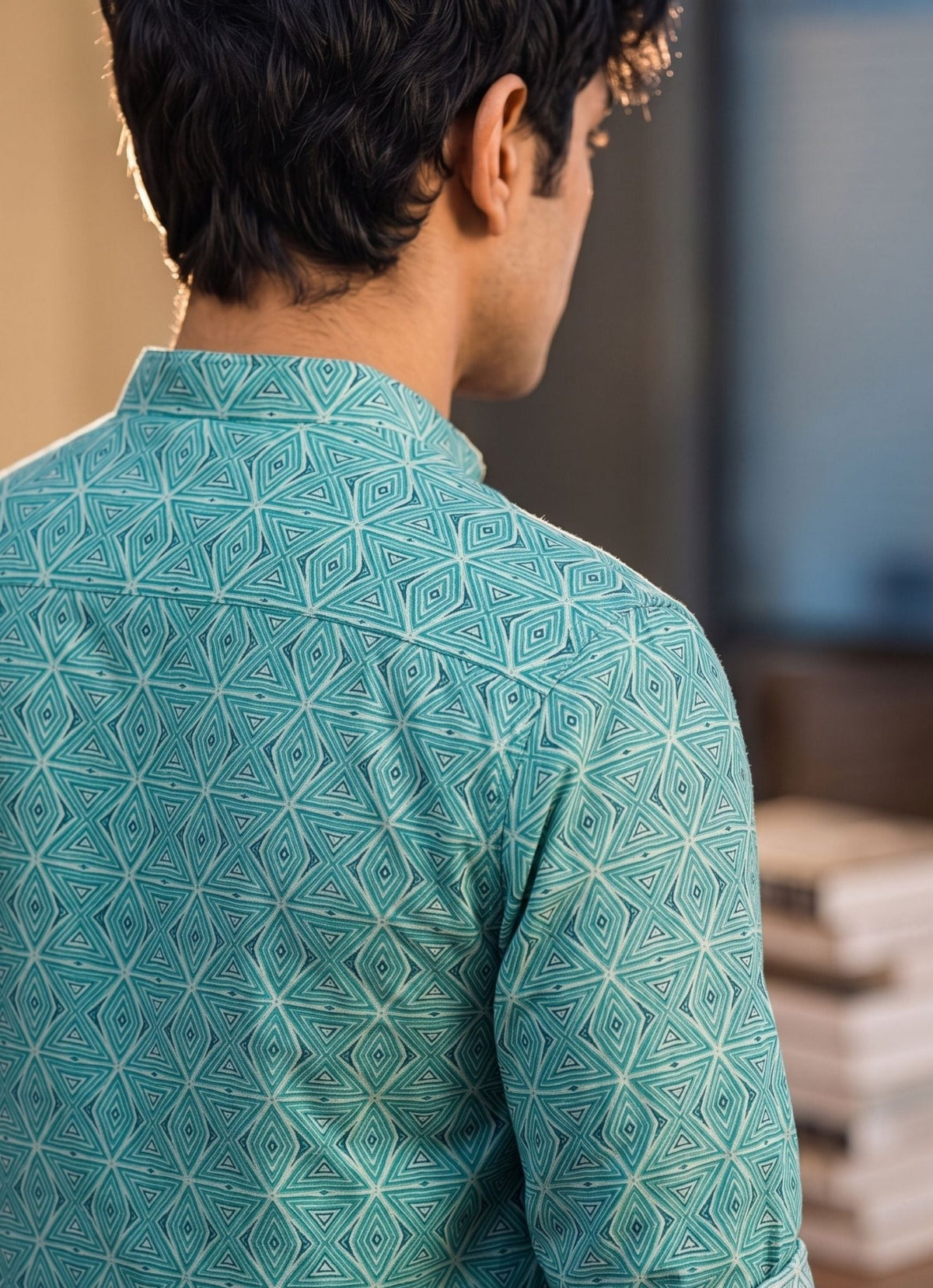 Azure Geometry – Men's Printed Cotton Short Kurta - Jaipuri Crown