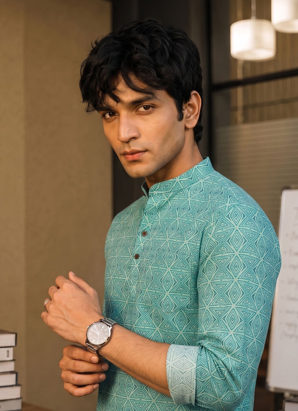 Azure Geometry – Men's Printed Cotton Short Kurta - Jaipuri Crown