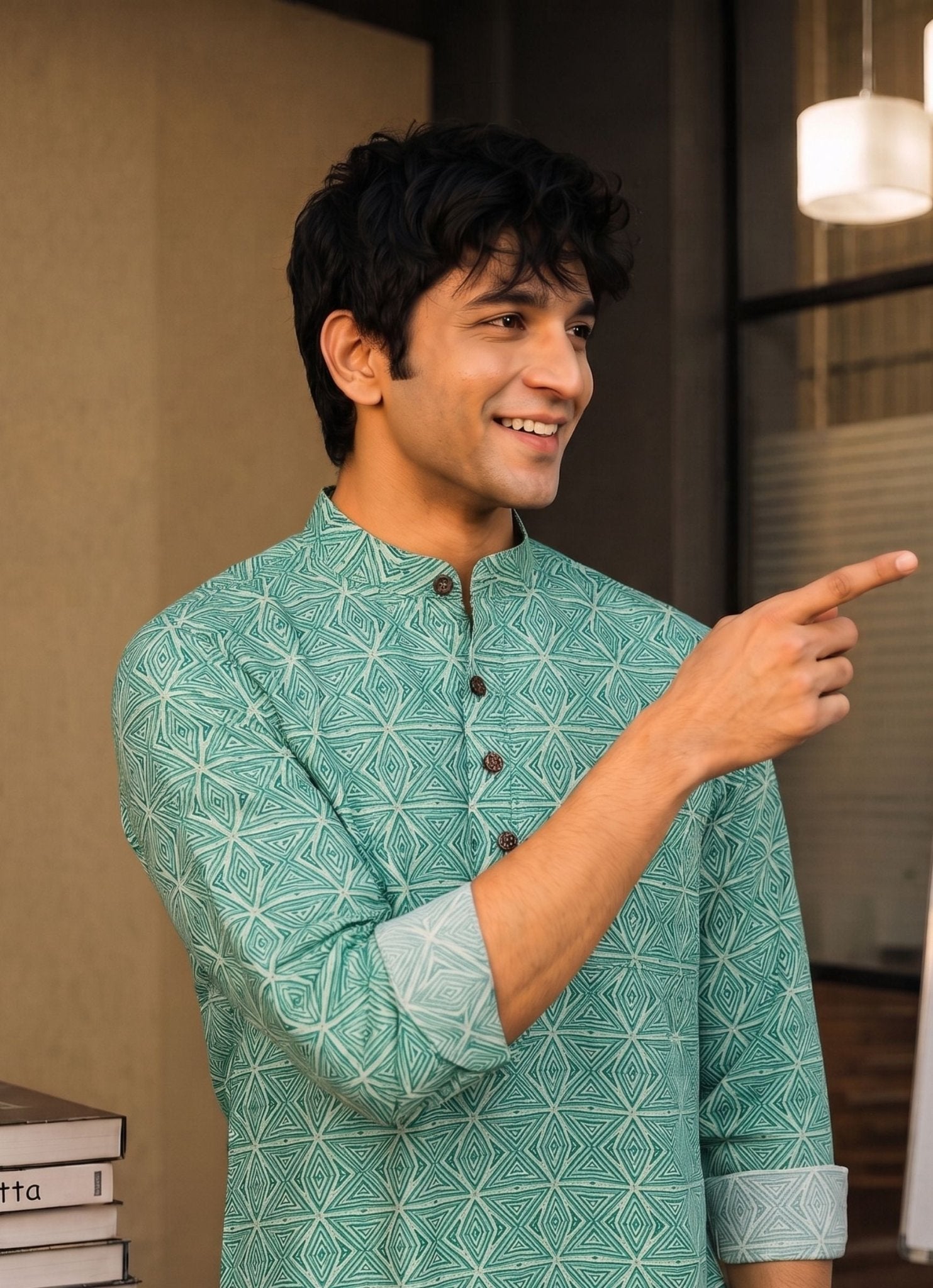 Azure Geometry – Men's Printed Cotton Short Kurta - Jaipuri Crown