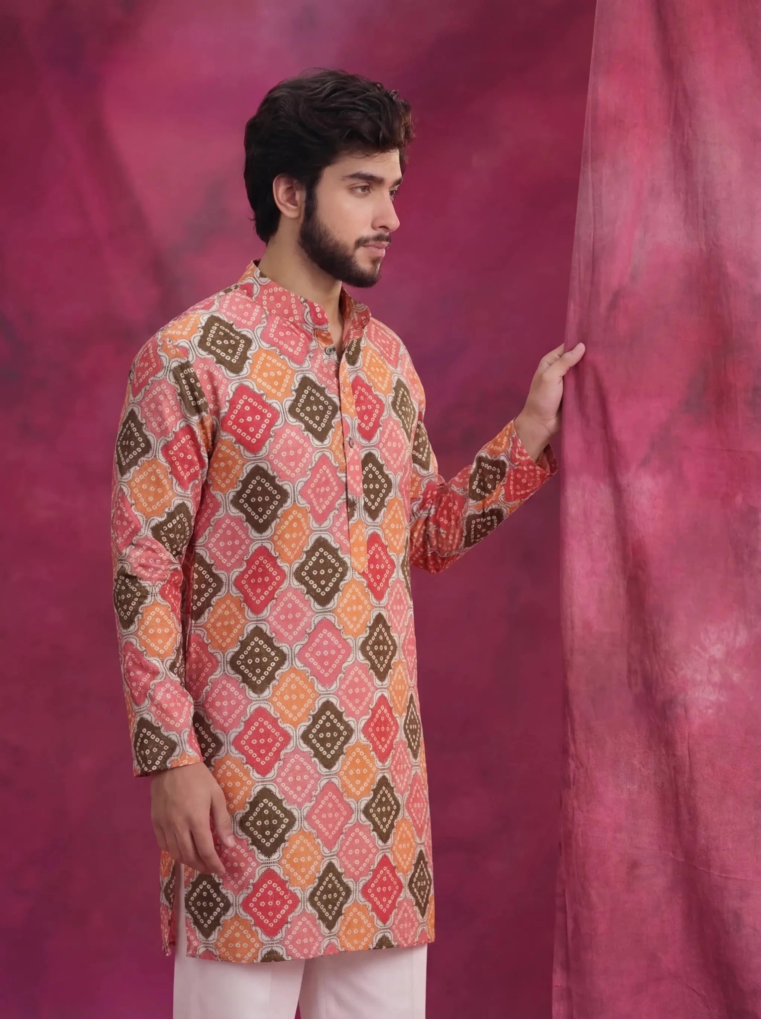 Bandhani Men's Long Kurta with Zari Work - Jaipuri Crown