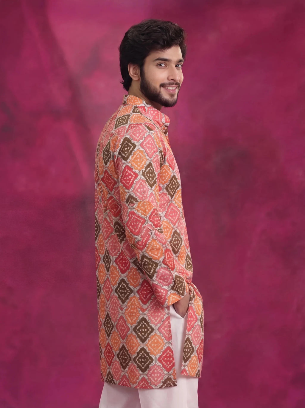 Bandhani Men's Long Kurta with Zari Work - Jaipuri Crown