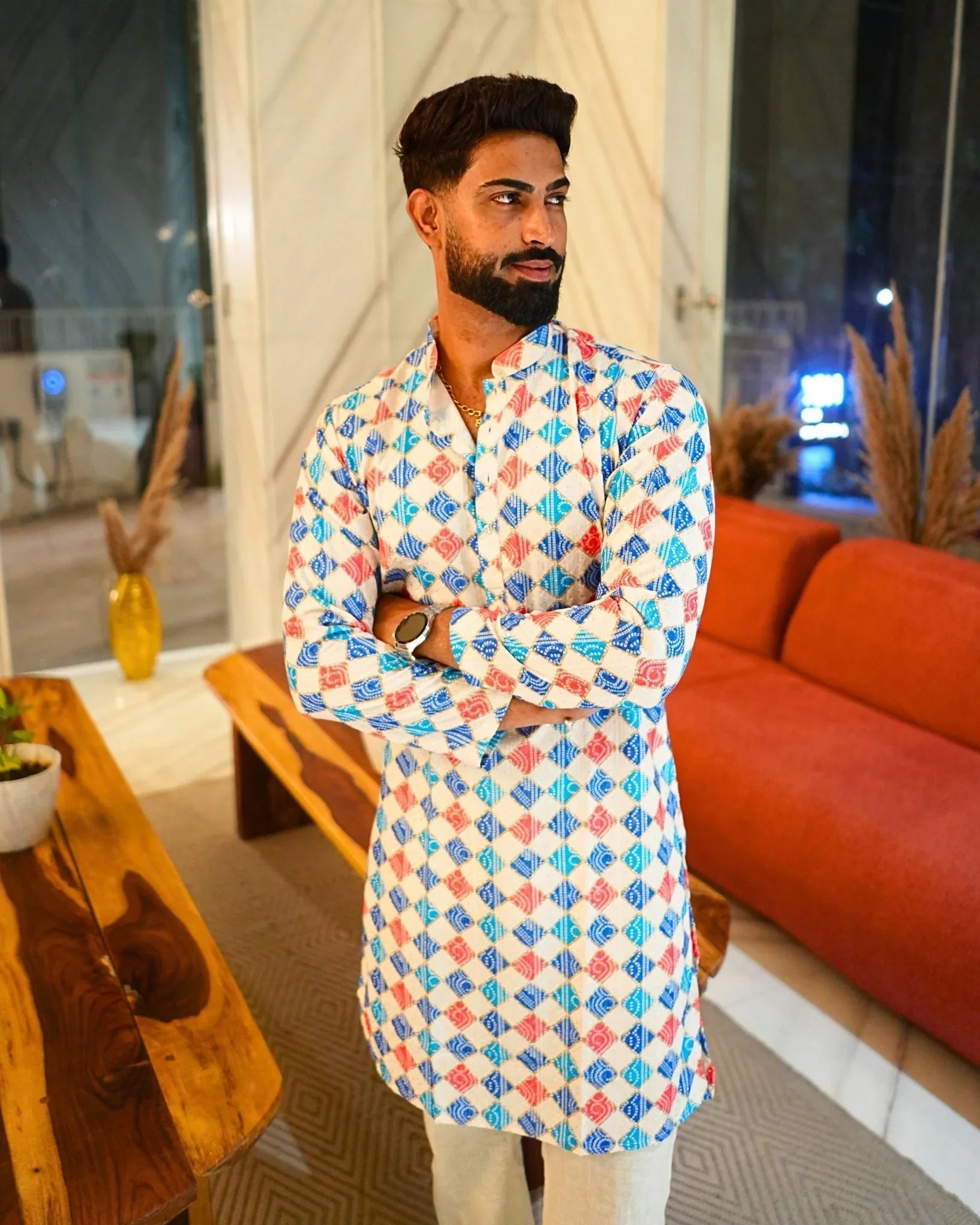 Bandhej White Printed Long Kurta For Men - Jaipuri Crown