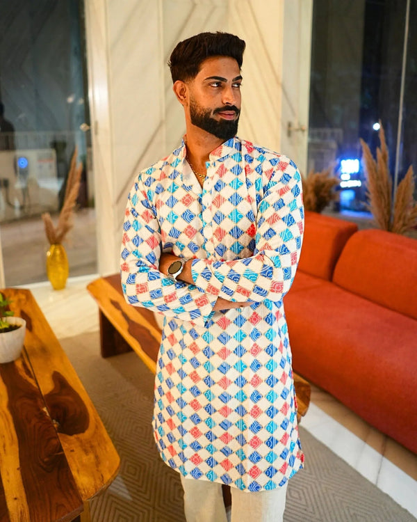 Bandhej White Printed Long Kurta For Men - Jaipuri Crown