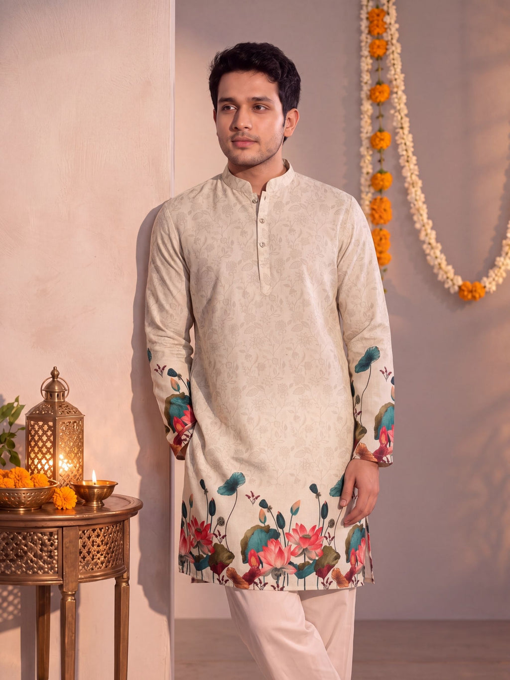 Cream Floral Jaal – Daman Work Printed Long Kurta