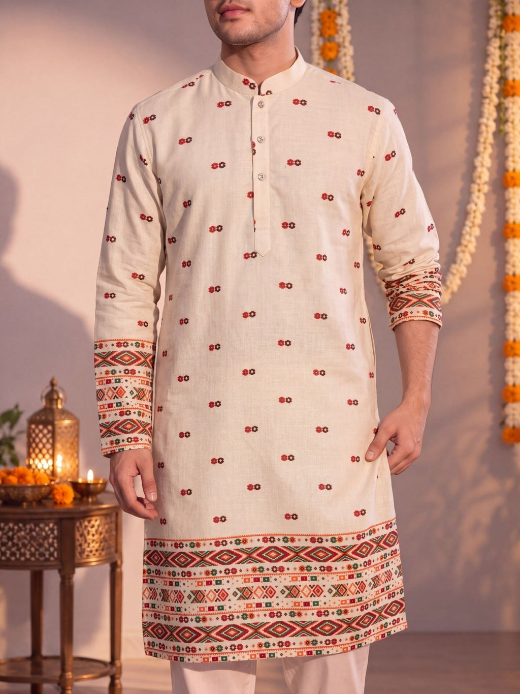 Beige Daman Work – Textured Printed Long Kurta - Jaipuri Crown