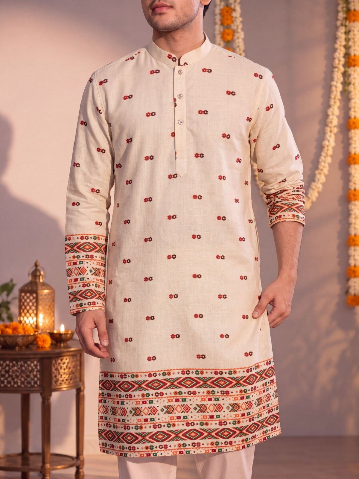 Beige Daman Work – Textured Printed Long Kurta - Jaipuri Crown