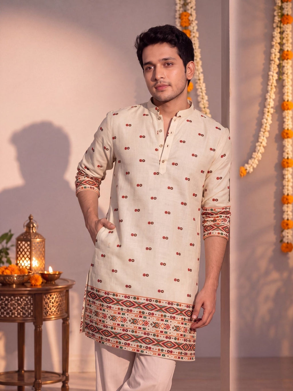 Beige Daman Work – Textured Printed Long Kurta - Jaipuri Crown
