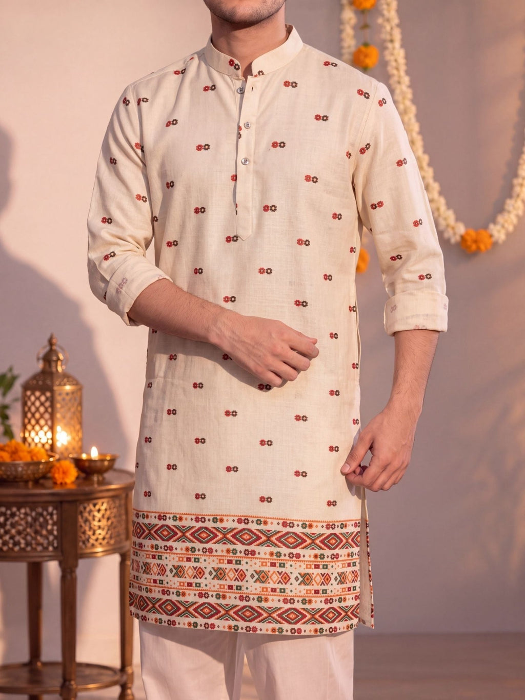Beige Daman Work – Textured Printed Long Kurta - Jaipuri Crown