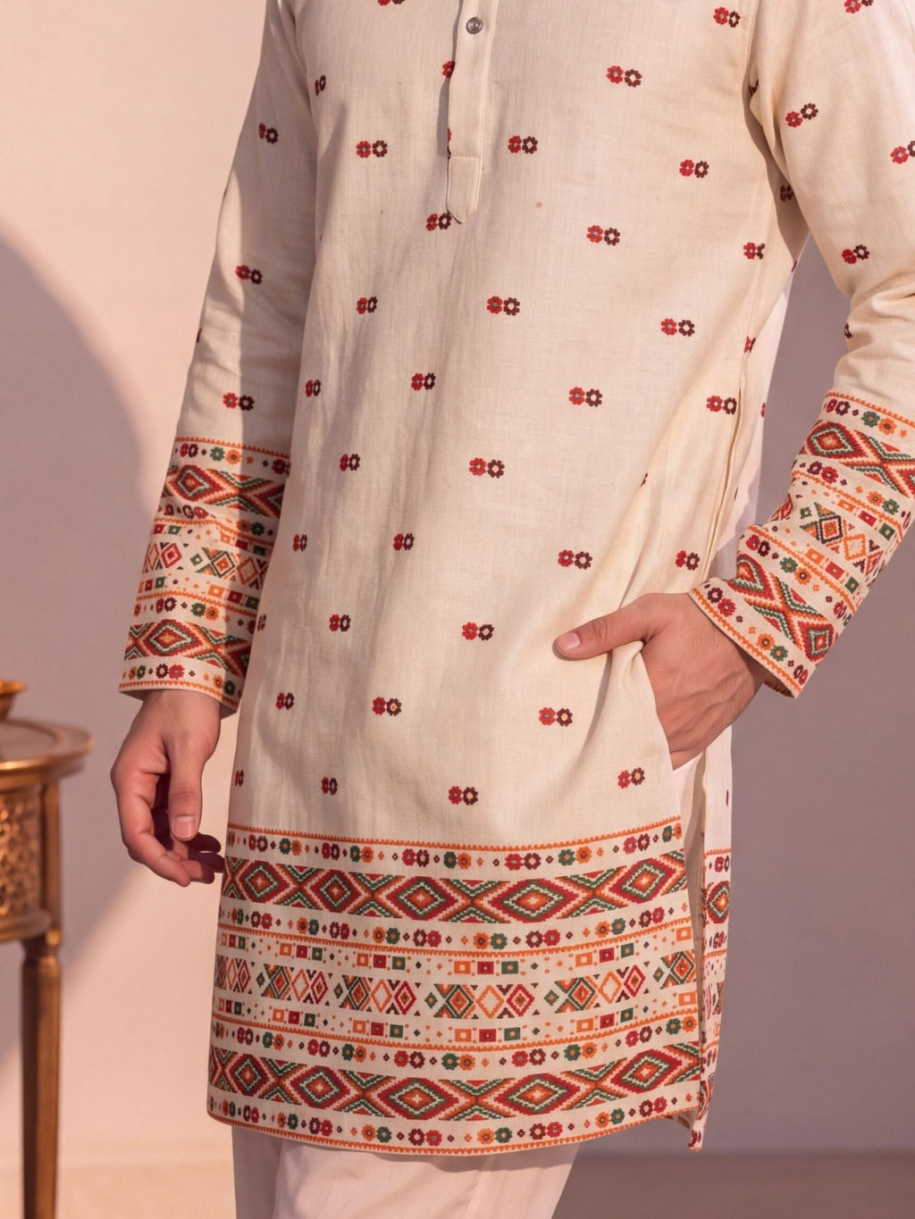 Beige Daman Work – Textured Printed Long Kurta - Jaipuri Crown