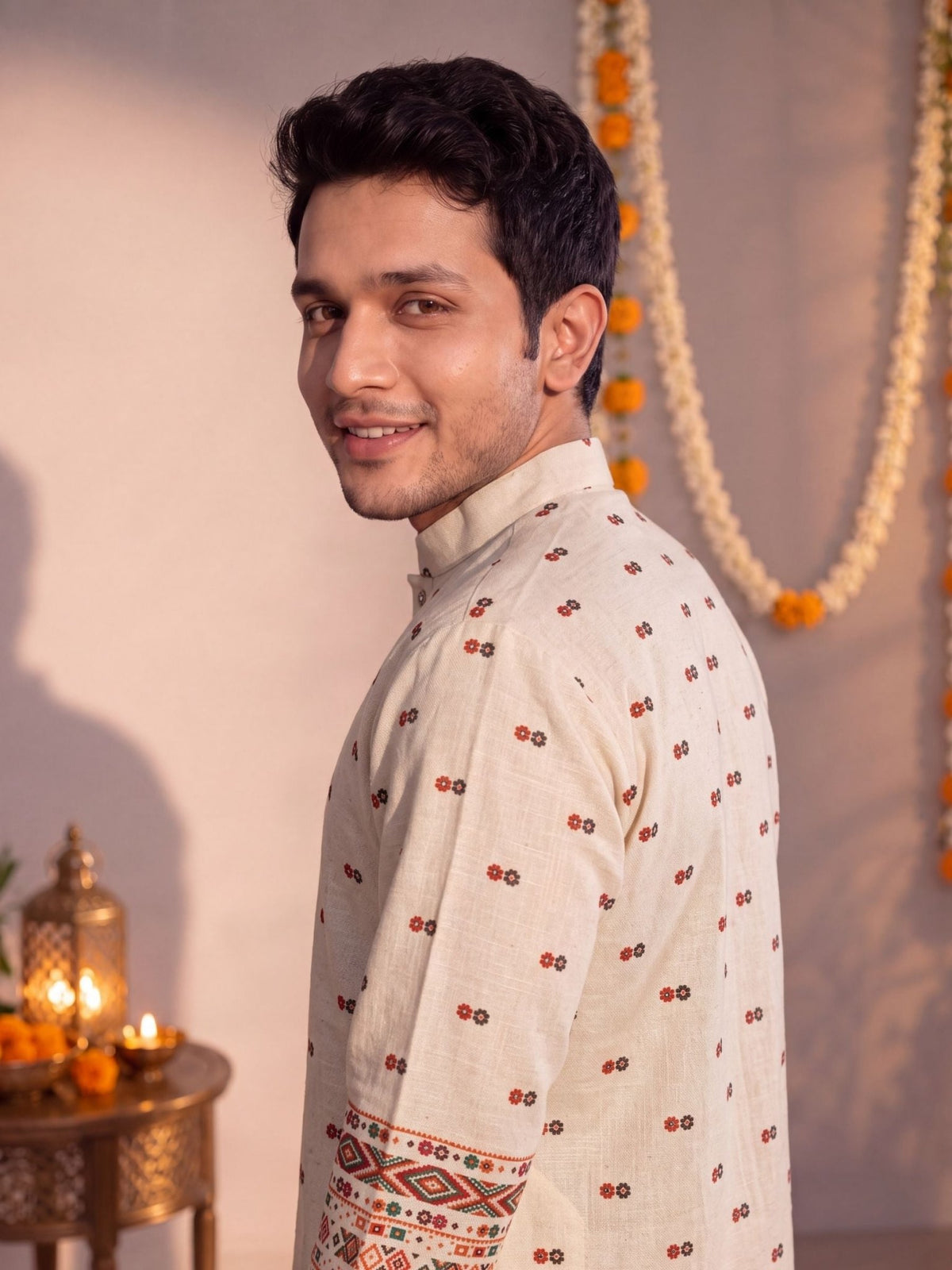 Beige Daman Work – Textured Printed Long Kurta - Jaipuri Crown